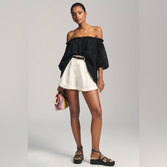 Anthropologie Tops - Anthropologie Maeve Eyelet Off The Shoulder Oversized Lace Black Top Size M